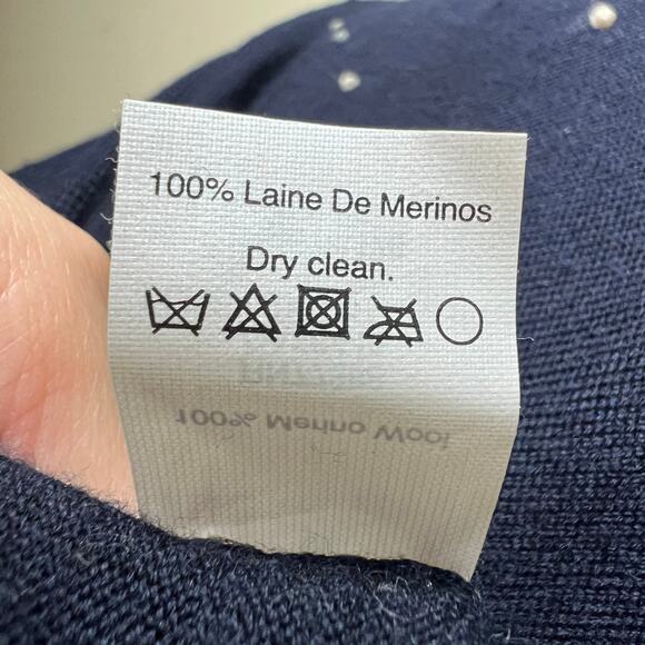 J.Crew Wool Sweater Medium Womens Navy Blue Embroidered Polka Dot Knit Keyhole - Picture 7 of 9